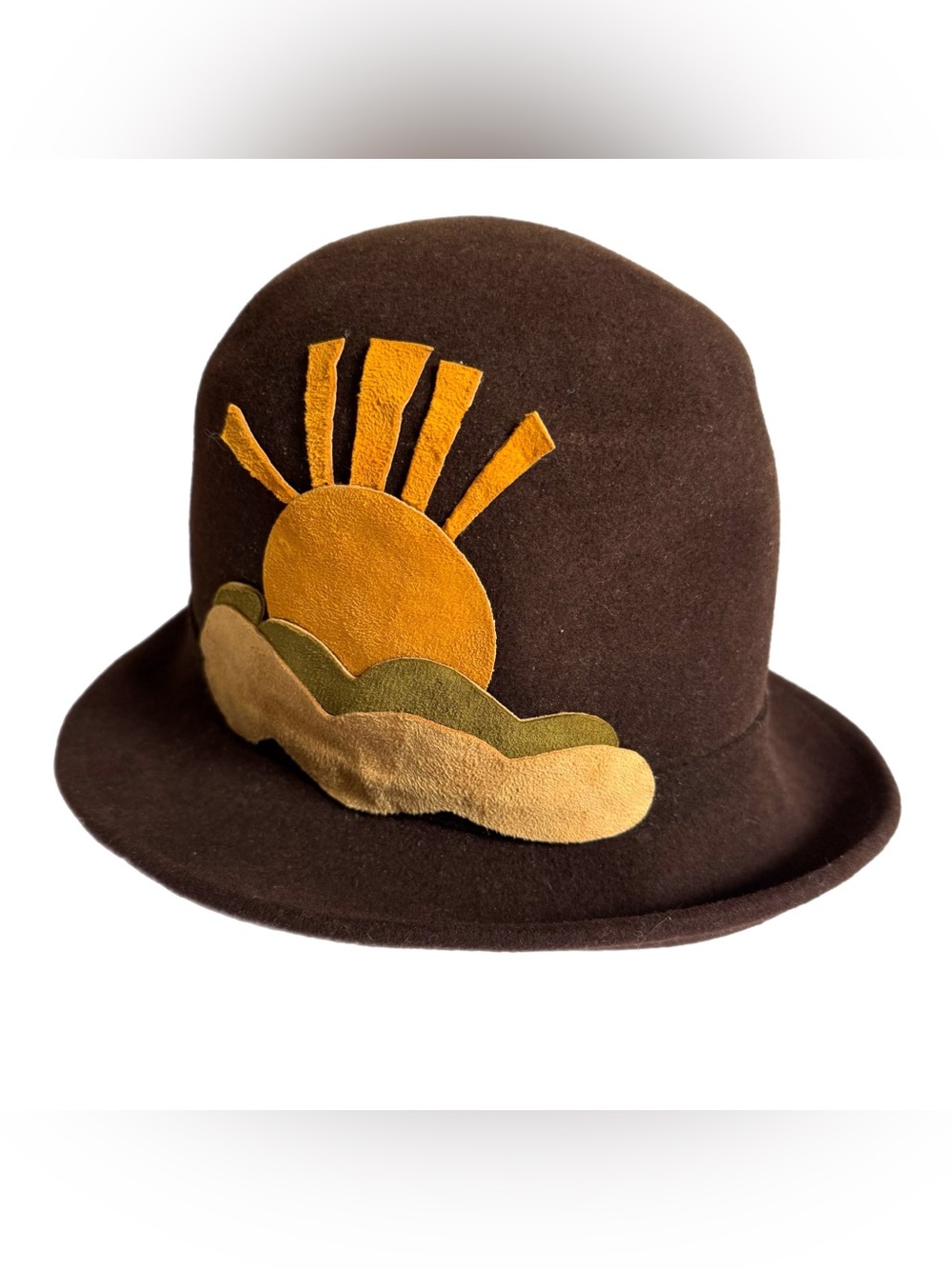 Vintage Glenover Fawn-Tra Felt Brimmed Hat Brown Sun Cloud Folk Art Whimsical